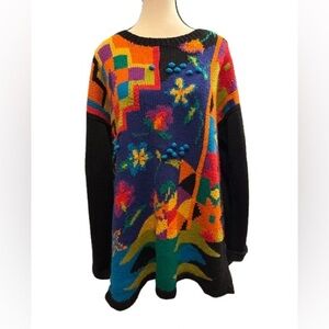 Vintage Mixit Sweater Medium Black Multicolor Abstract Pom Pom Ramie Cotton 90’s